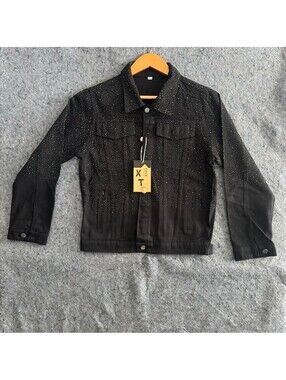 NWT Women’s L Black  Denim Jacket Ombre Rhinestone Studded Western Y2K Festival